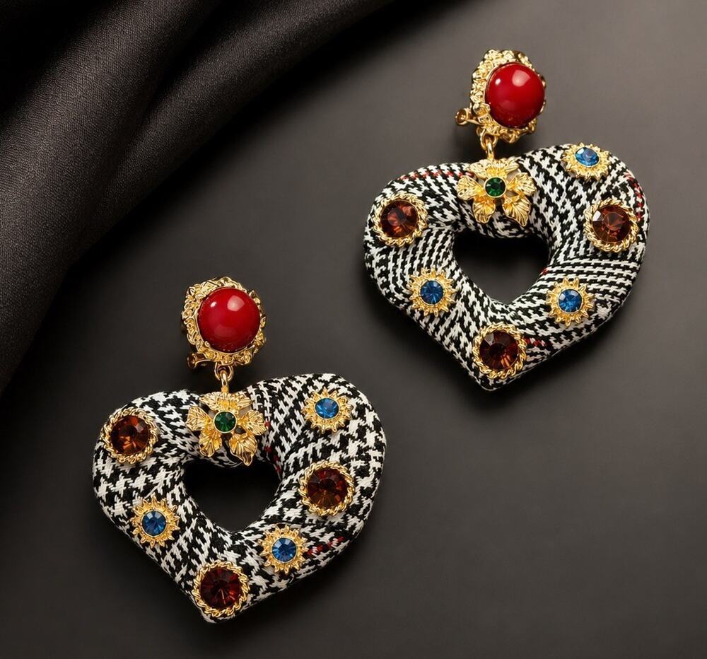 Houndstooth Heart Earrings Museum Statement Flower Hold Crystal Boho Cabochon CZ